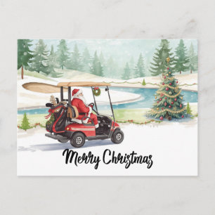 Santa Driving Golf Cart on Winter Golf Course Holiday Postcard