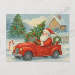 Santa Driving Red Car Vintage Christmas Watercolor Holiday Postcard