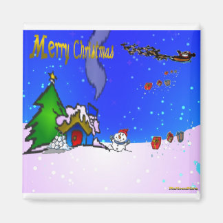 Santa_drops_gifts_by_snowman_and_snow_covered_hous Magnet