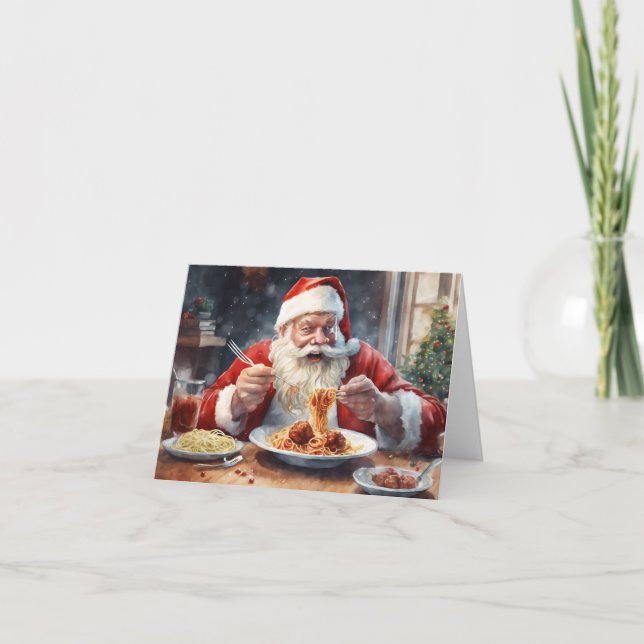 Santa eating Italian food-spaghetti & meatballs Holiday Card (Front)