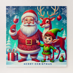 Santa, Elf, and Reindeer in a Festive Christmas Jigsaw Puzzle