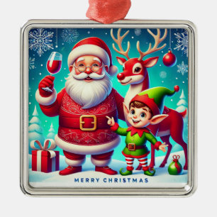 Santa, Elf, and Reindeer in a Festive Christmas Metal Ornament