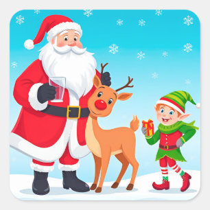 Santa, Elf, and Reindeer in a Festive Christmas Square Sticker
