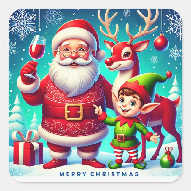 Santa, Elf, and Reindeer in a Festive Christmas Square Sticker (Front)