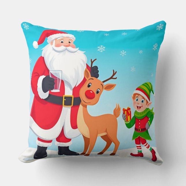 Santa, Elf, and Reindeer in a Festive Christmas Throw Pillow (Front)