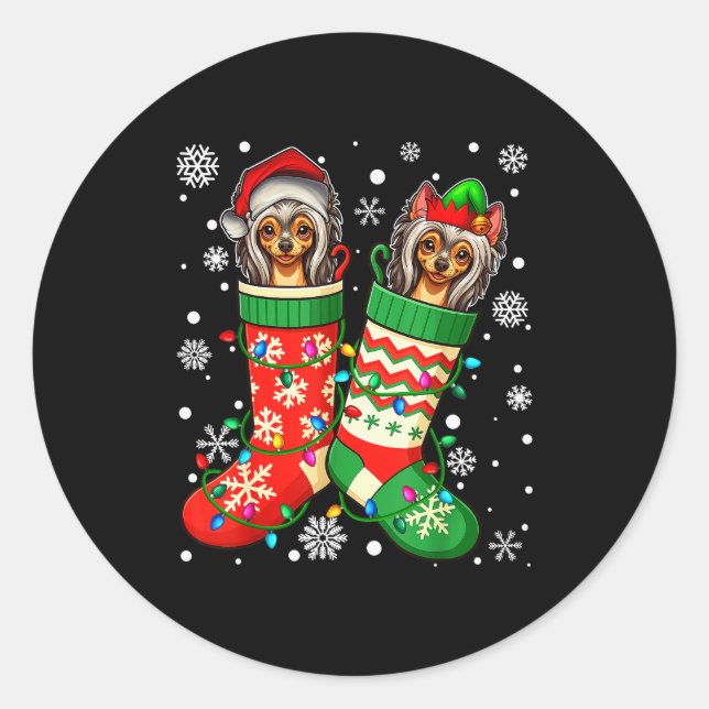 Santa Elf Chinese Crested Dog In Christmas Socks M Classic Round Sticker (Front)