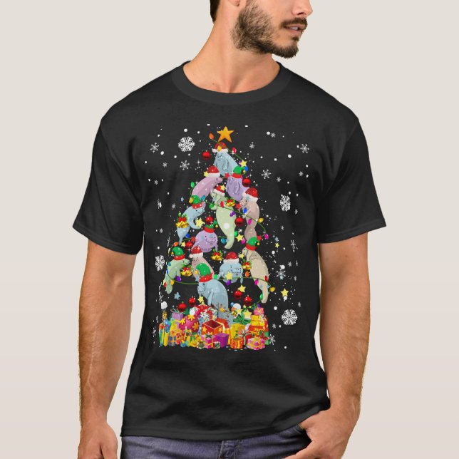 Santa ELF Manatee Christmas Tree Xmas Lights Manat T-Shirt (Front)