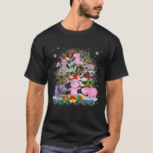 Santa Elf Reindeer Hippopotamus On Xmas Tree Light T-Shirt