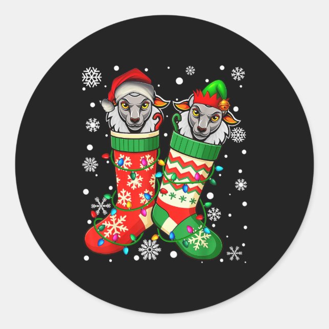 Santa Elf Sheep Animal In Christmas Socks Men Wome Classic Round Sticker (Front)