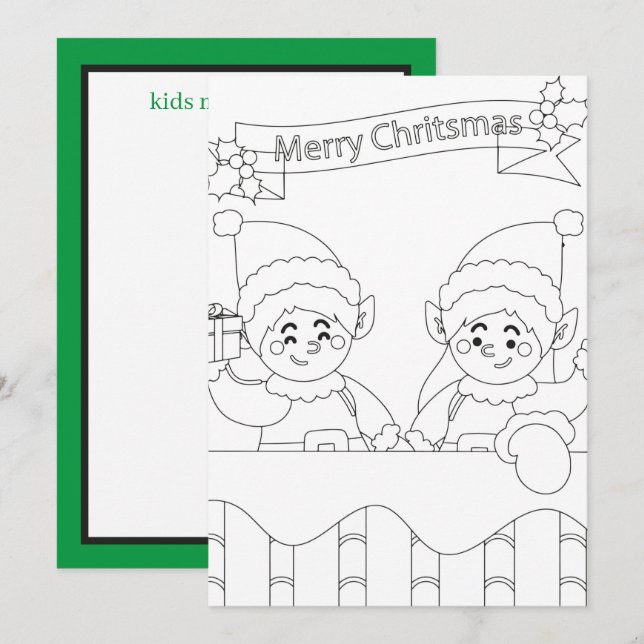 Santa elves kids colouring add message  card (Front/Back)