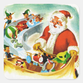 Santa & Elves Vintage Illustration 1940s Square Sticker