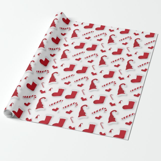 SANTA EMBOSED VIBRANT RED HUE WHITE HOLIDAYSEASON  WRAPPING PAPER (Unrolled)