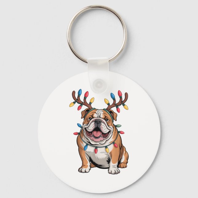 Santa English Bulldog Reindeer Light Christmas  Keychain (Front)