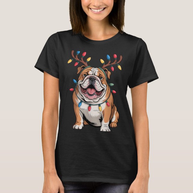 Santa English Bulldog Reindeer Light Christmas  T-Shirt (Front)