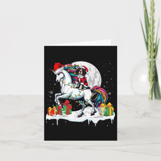 Santa English Springer Spaniel Riding Unicorn Chri Card (Front)
