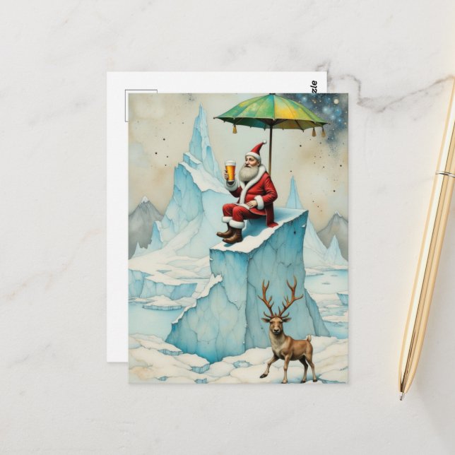 Santa Enjoys a Beer On an Iceberg Postcard (Front/Back In Situ)