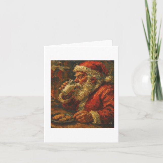 Santa Enjoys Milk and Cookies,  Card (Front)