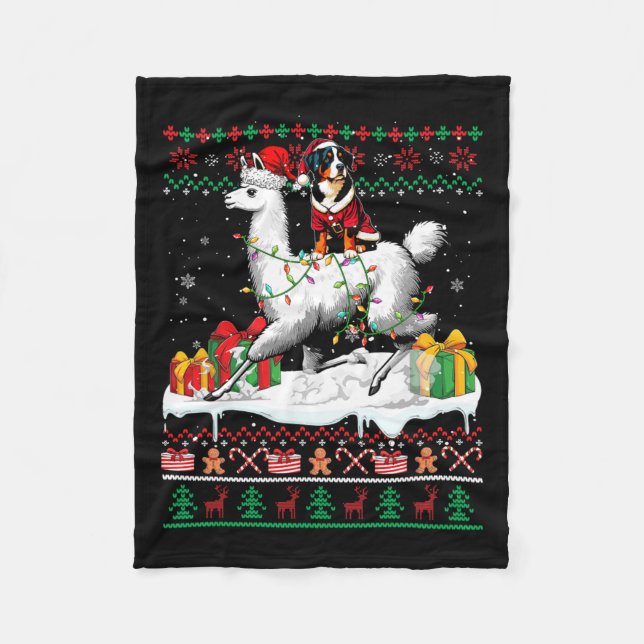 Santa Entlebucher Mountain Riding Llama Christmas  Fleece Blanket (Front)