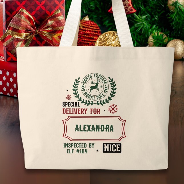 Santa Express (Custom Name) Christmas  Large Tote Bag (The perfect tote for Christmas gift giving!)