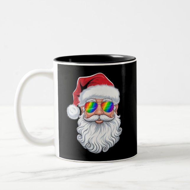 Santa Face Gay Sunglasses Christmas Xmas LGBTQ Two-Tone Coffee Mug (Left)