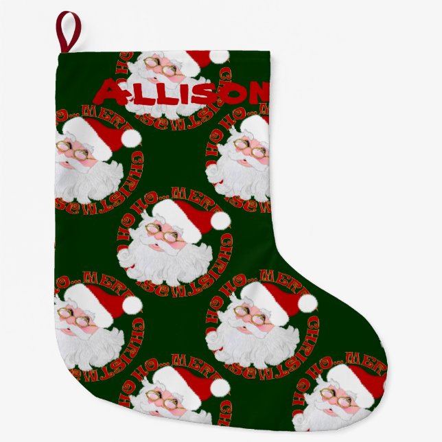 Santa Face Green-Personalized Christmas Stocking (Front)
