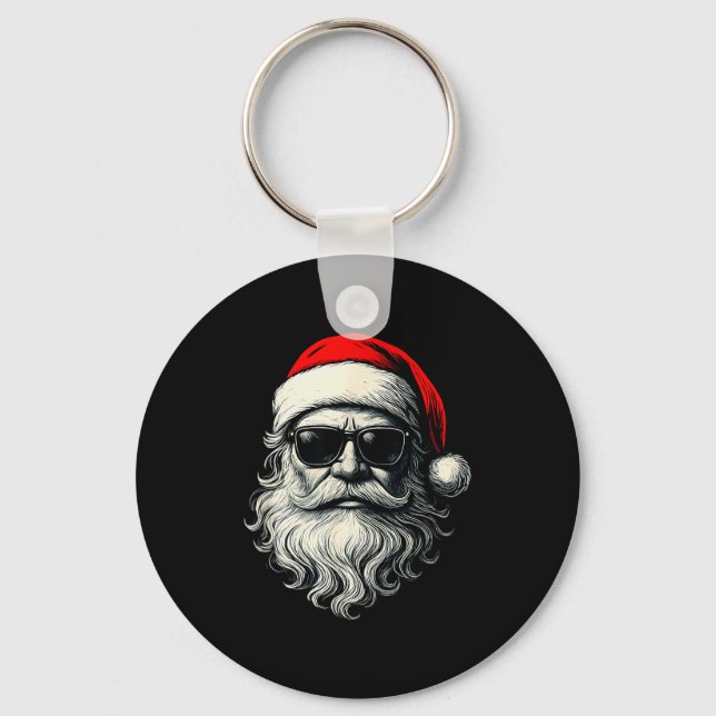 Santa Face Retro Sungles Funny Christmas Pajama Me Keychain (Front)