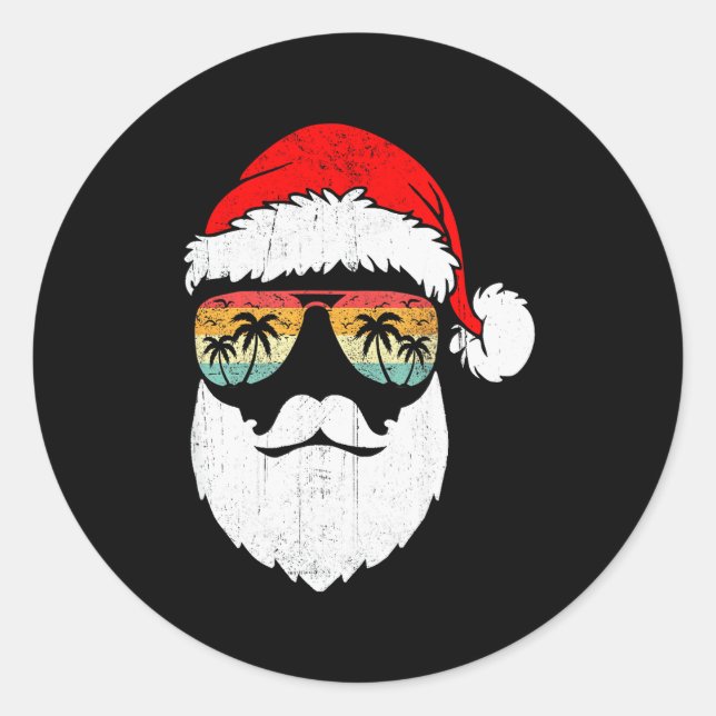 Santa Face Retro Sungles Hawaiian Christmas Xmas T Classic Round Sticker (Front)