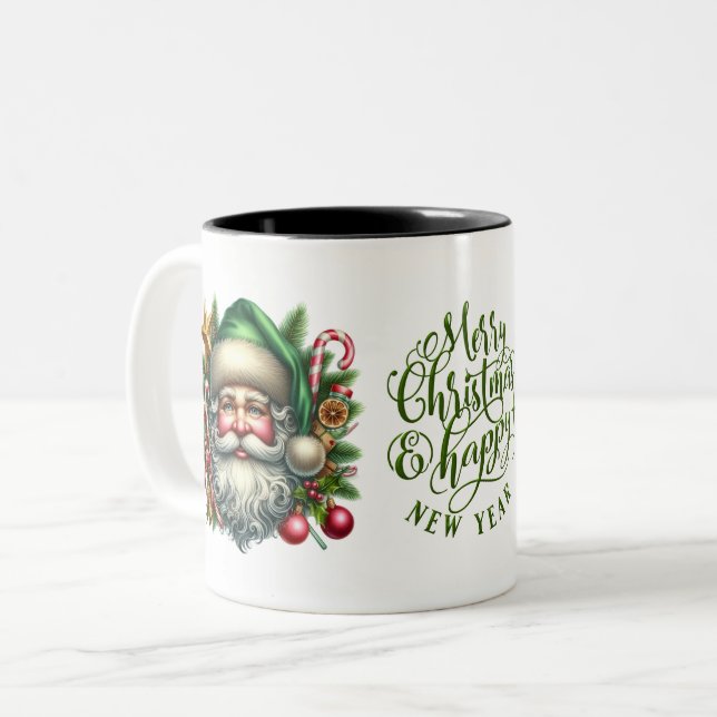 Santa Faces Merry Christmas and Happy New Year Two-Tone Coffee Mug (Front Left)