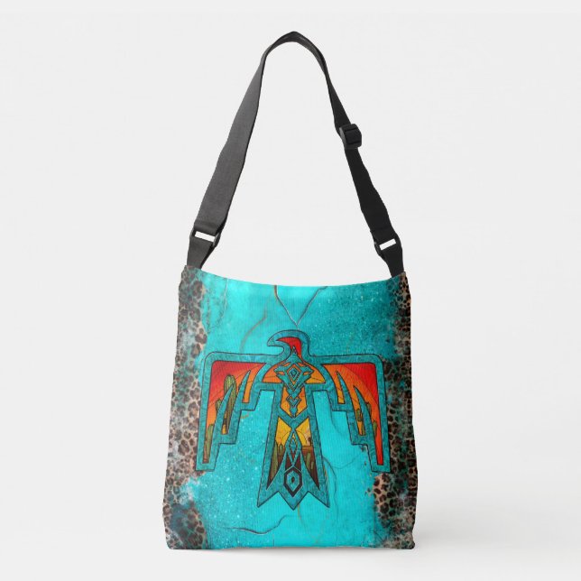 Santa Fe Colourful Thunderbird Turquoise Marble Crossbody Bag (Front)