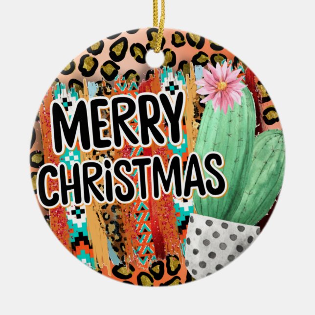 Santa Fe Merry Christmas Serape and Cactus Ceramic Ornament (Front)