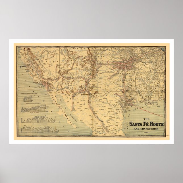 Santa Fé Railroad Route Map 1888 Poster (Front)