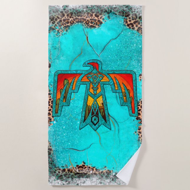 Santa Fe Thunderbird Turquoise Marble Leopard Beach Towel (Front)