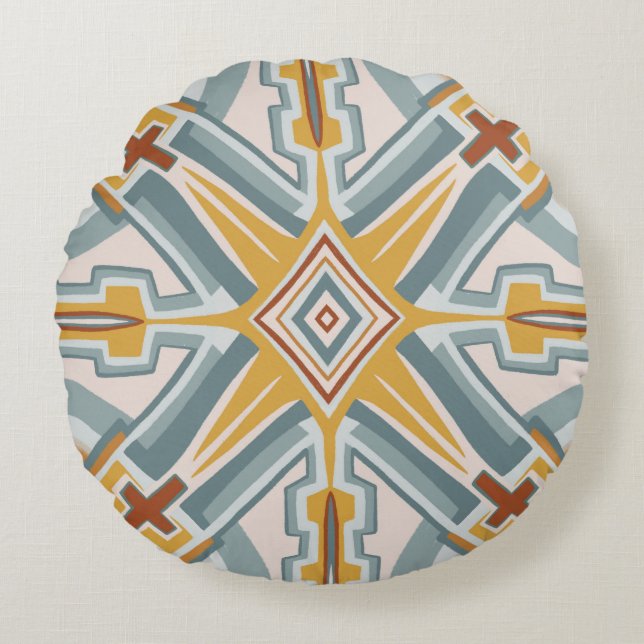 Santa Fe Tiles Boho Geometric  Pattern Chic Round Pillow (Front)