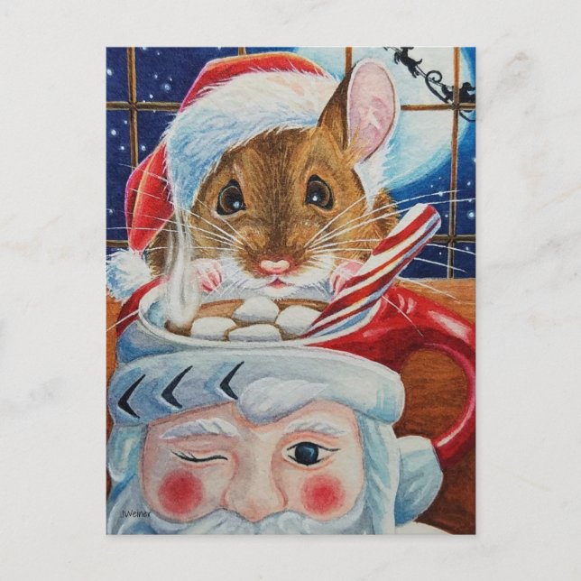 Santa Field Mouse with Hot Cocoa Watercolor Art Postcard (Front)