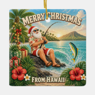 Santa Fishing in Hawaii Shirt Christmas Ceramic Ornament