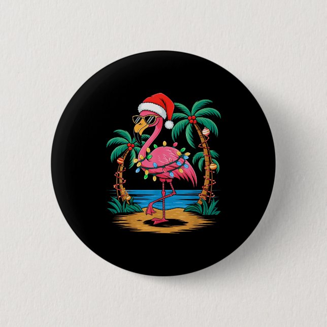 Santa Flamingo Christmas Lights Trocal Palms Tree  2 Inch Round Button (Front)