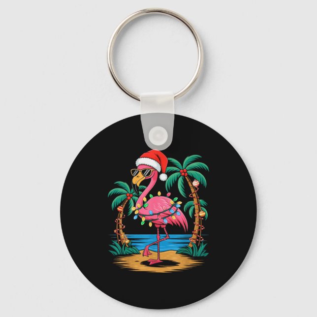 Santa Flamingo Christmas Lights Trocal Palms Tree  Keychain (Front)