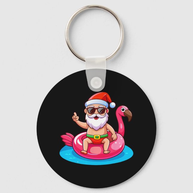 Santa Flamingo Floatie Beach Funny Christmas In Ju Keychain (Front)