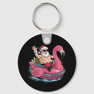 Santa Flamingo Floatie Christmas In July Summer Keychain