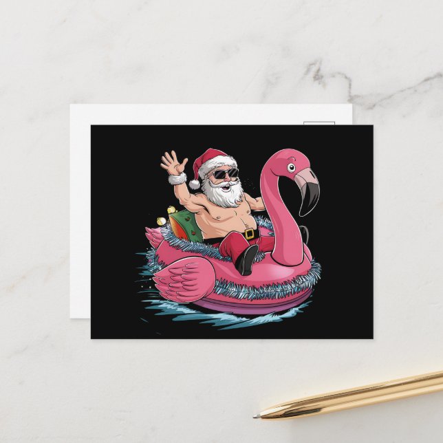 Santa Flamingo Floatie Christmas In July Summer Postcard (Front/Back In Situ)