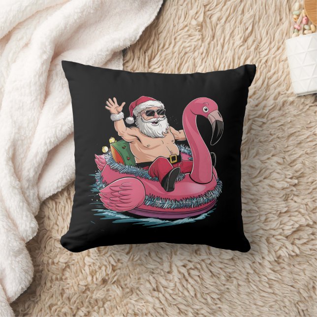 Santa Flamingo Floatie Christmas In July Summer Throw Pillow (Blanket)