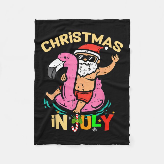 Santa Flamingo Floatie Funny Christmas In July Sum Fleece Blanket (Front)