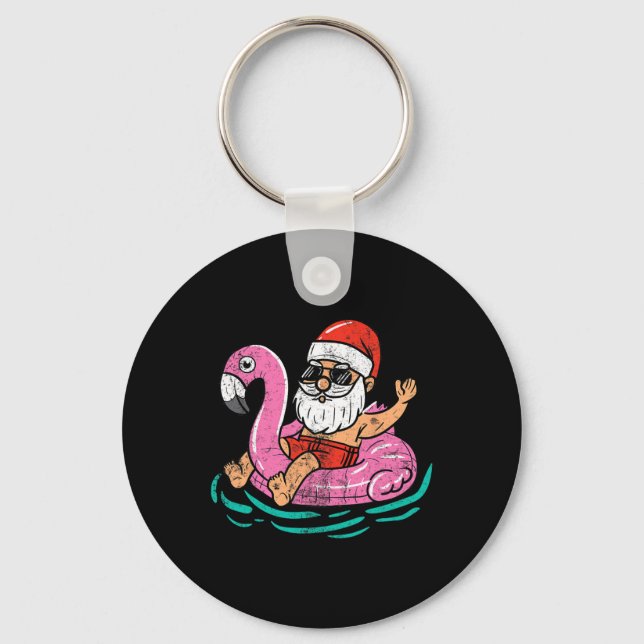 Santa Flamingo Floatie Funny Xmas In July Summer C Keychain (Front)
