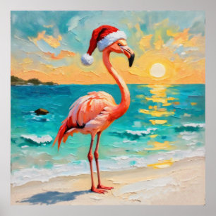 Santa Flamingo on the Beach Poster