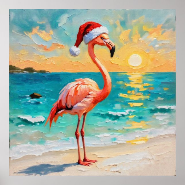 Santa Flamingo on the Beach Poster (Front)