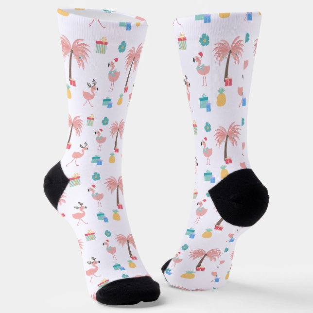 Santa Flamingo Pattern Fun Tropical Christmas Socks (Angled)