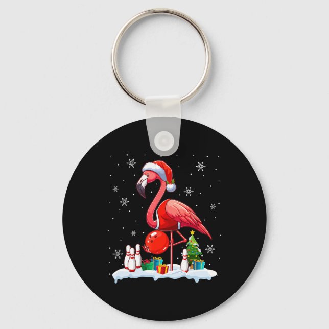 Santa Flamingo Playing Bowling Xmas Player Lover K Keychain (Front)