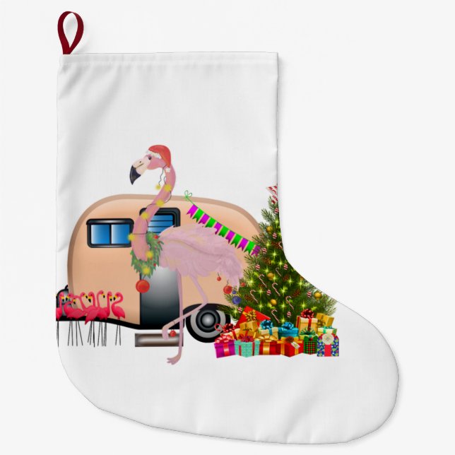 santa flamingo trailer large christmas stocking (Front)