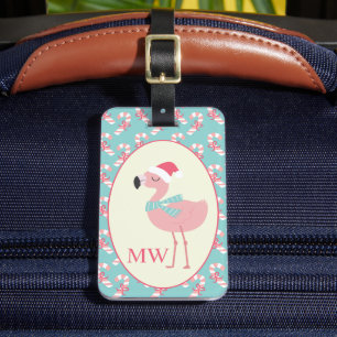 Santa Flamingo w Pink Candy Cane Pattern Christmas Luggage Tag