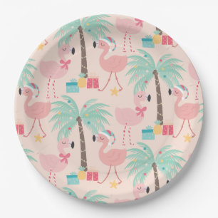 Santa Flamingo's - Fun Pink Tropical Christmas Paper Plate